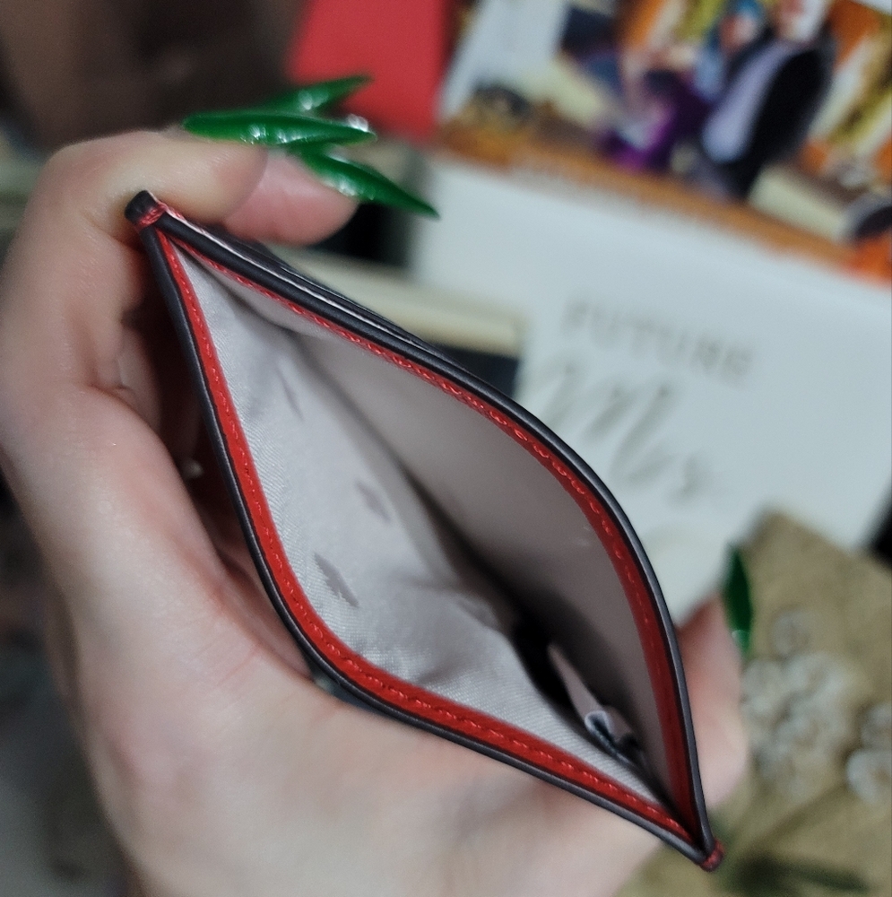 Kate Spade ♠️ Staci Small Slim Card Holder - Bright Melon Red & Silver KSNY Logo - Picture 7 of 11